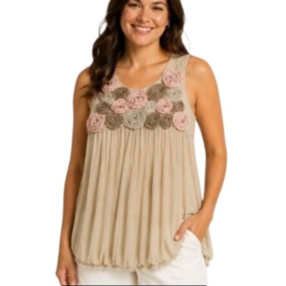 ECI Rosette Y2K Babydoll Blouse Womens S Beige 3D Floral Rhinestone Romantic